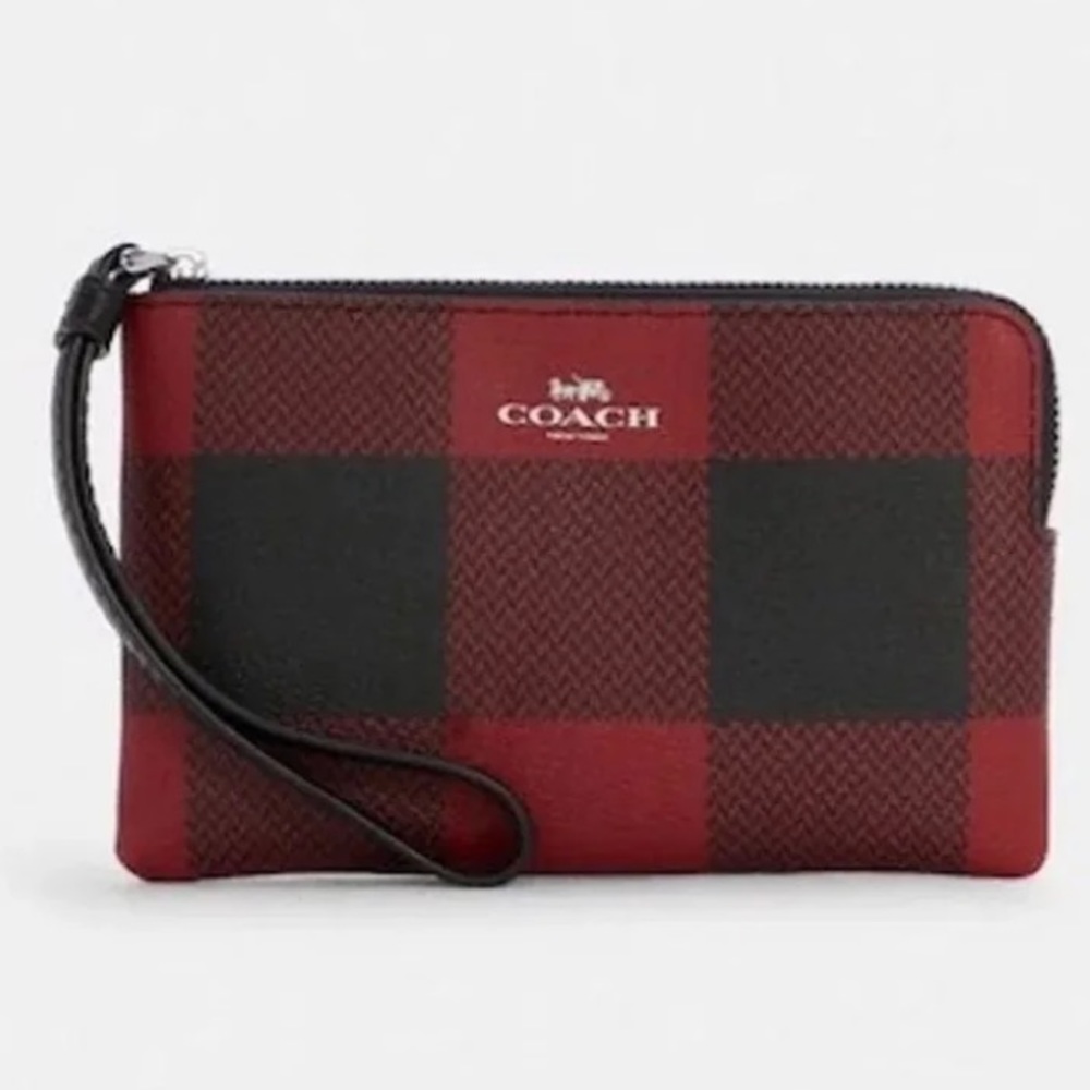 Coach Corner Zip Wristlet With Buffalo Plaid Print